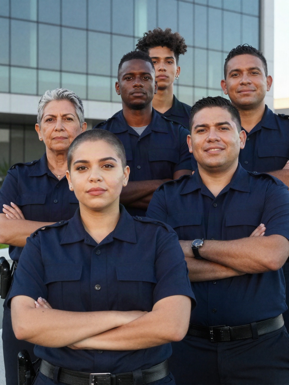 Equipo de oficiales de seguridad frente a un edificio corporativo moderno
