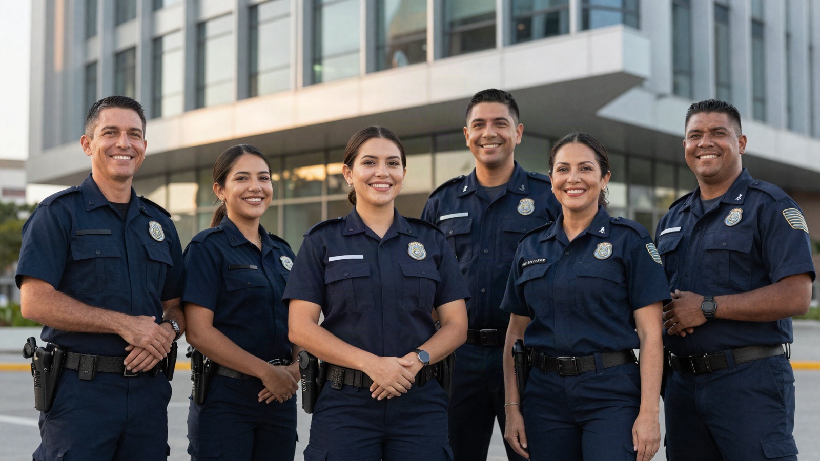 Equipo de oficiales de seguridad de Grupo ResGuarda frente a un edificio corporativo