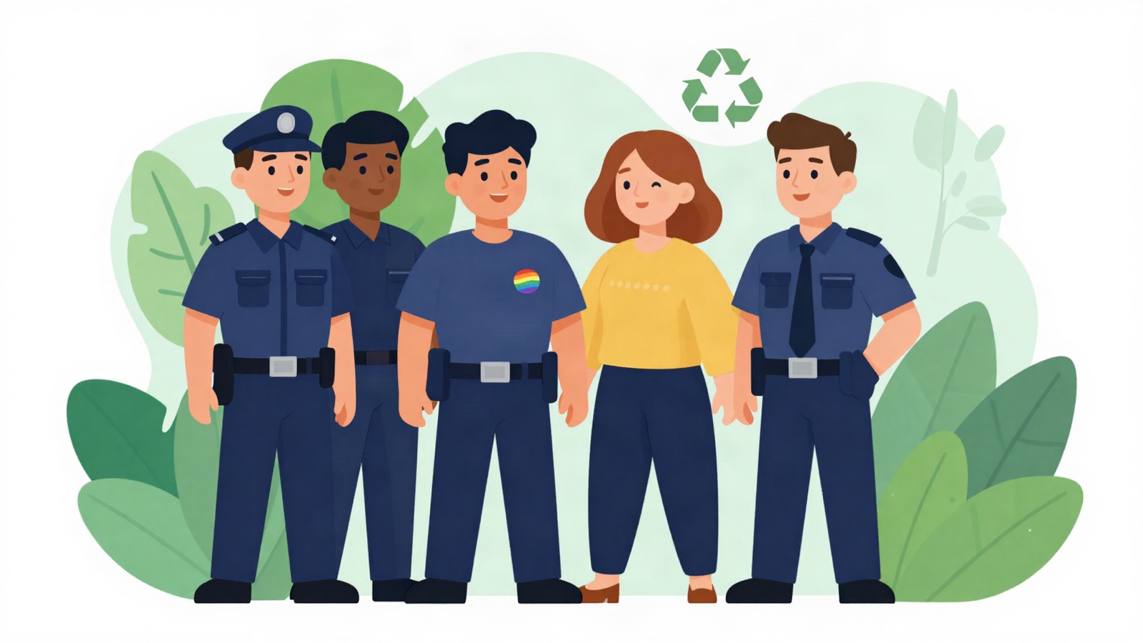 Ilustración de un equipo diverso de oficiales rodeado de hojas verdes y un símbolo de reciclaje