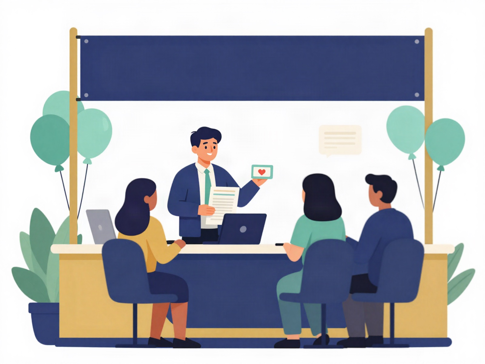 Ilustración de un stand de reclutamiento en una feria de empleo