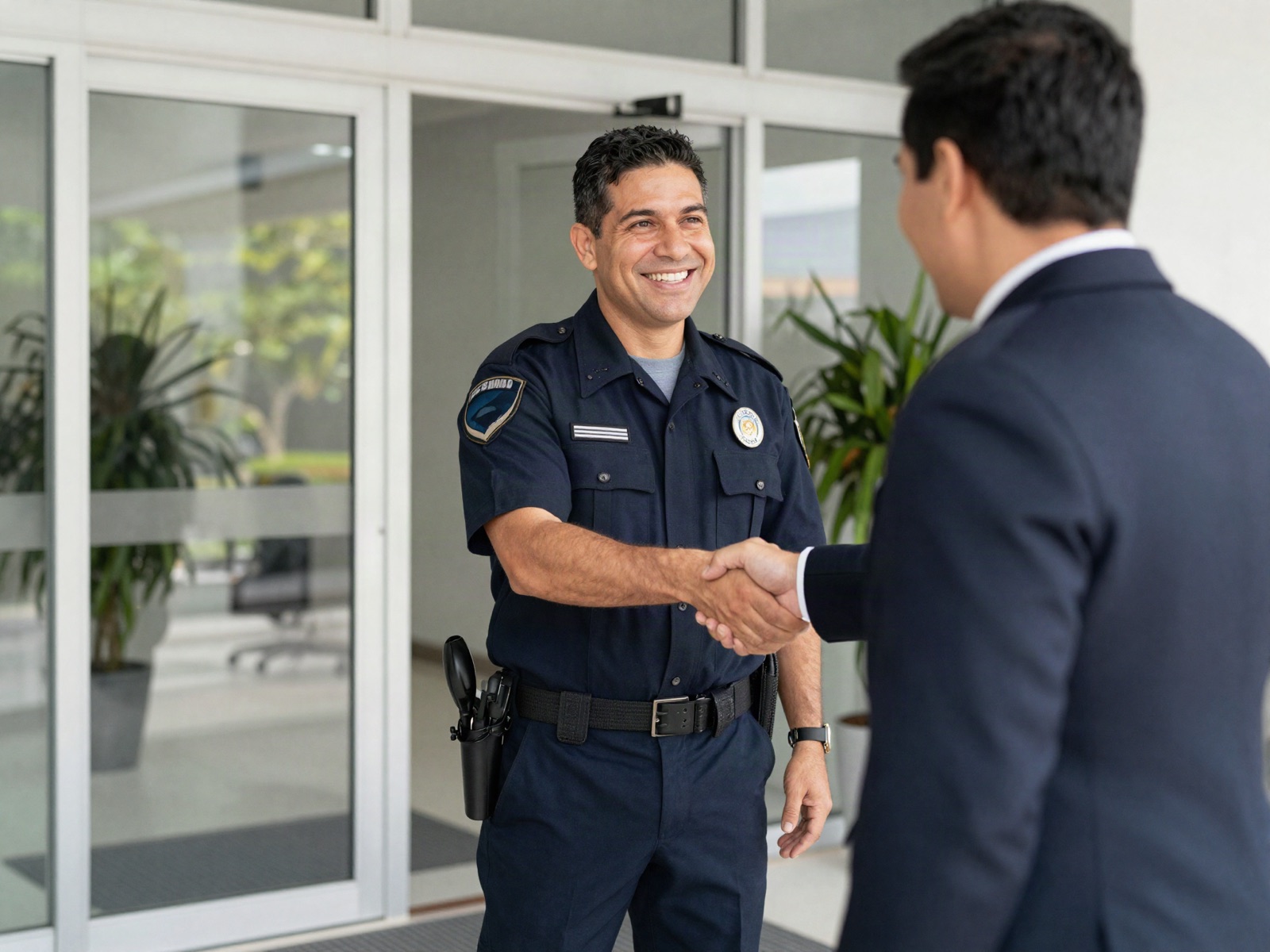 Oficial de seguridad saludando a un ejecutivo en la entrada de una empresa