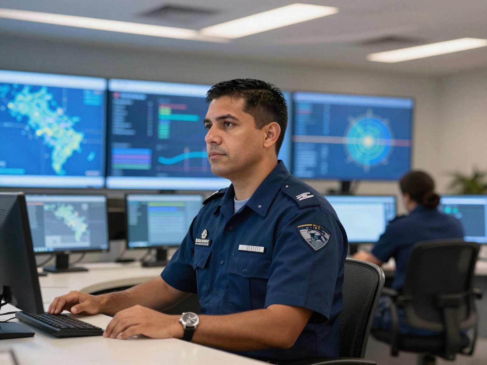 Oficial de seguridad en un centro de monitoreo moderno