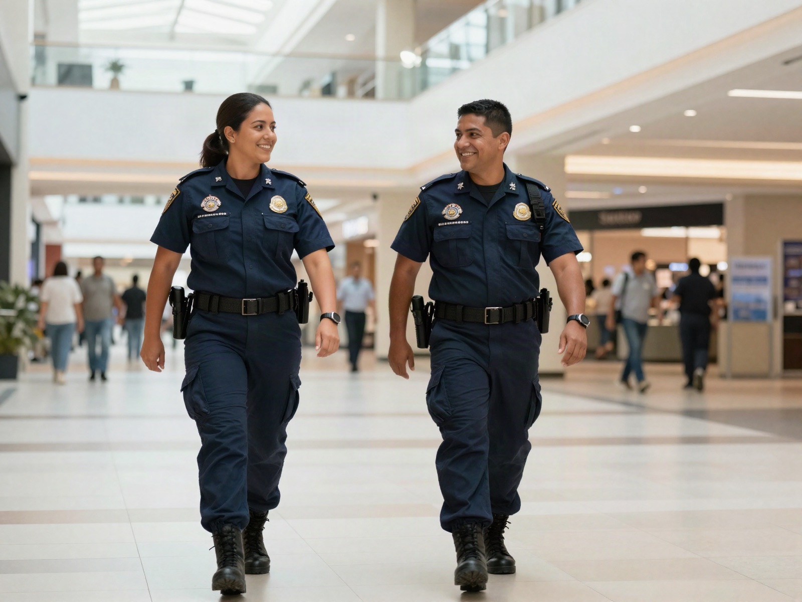 Dos oficiales de seguridad en ronda por un centro comercial